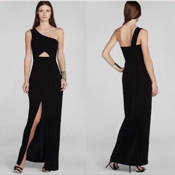 BCBGMAXAZRIA  Black One Shoulder Cut Out Front Slit Dress - Picture 1 of 6